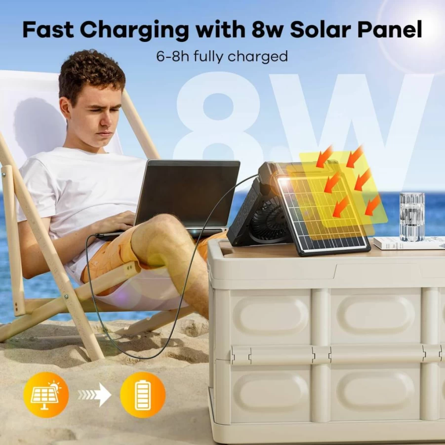 DOWILLDO 10400mAh Portable Solar Camping Fan with LED Lantern - Rechargeable Battery Powered Travel Fan for Beach, Hiking, Hurricane Emergencies & Worksite Cooling (Black)