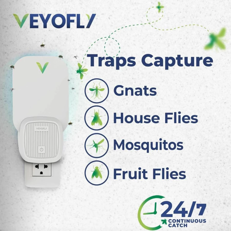 VEYOFLY Indoor Fly Trap with 3 Refills - Fruit Fly, Gnat, and Flying Insect Catcher - Plug-In Light Bug Killer for Home