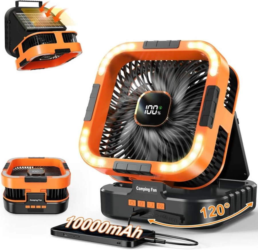 TrekkingLamb Portable Camping Fan with LED Lantern - 8000mAh USB-C Rechargeable Battery, 4 Speed Settings, Remote Control & Hook for Outdoor, Travel, Emergency, Home Use (Orange)