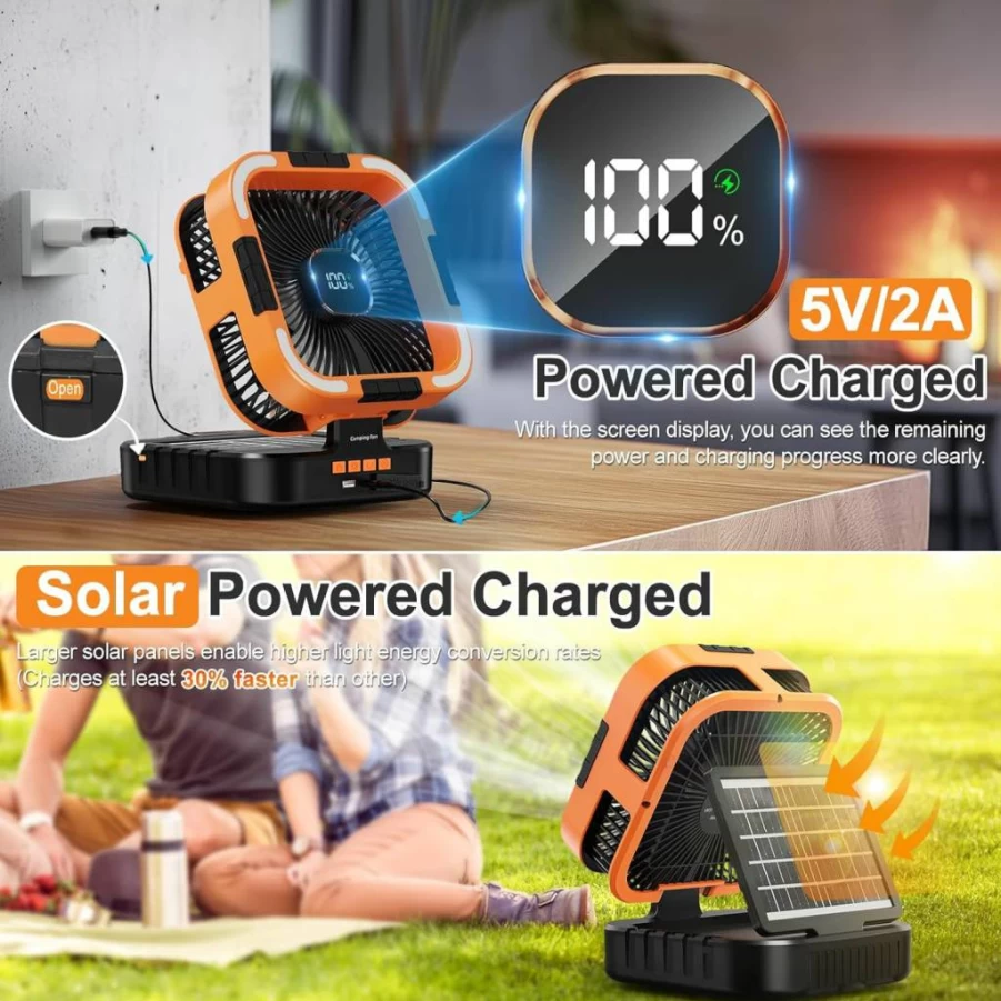 TrekkingLamb Portable Camping Fan with LED Lantern - 8000mAh USB-C Rechargeable Battery, 4 Speed Settings, Remote Control & Hook for Outdoor, Travel, Emergency, Home Use (Orange)