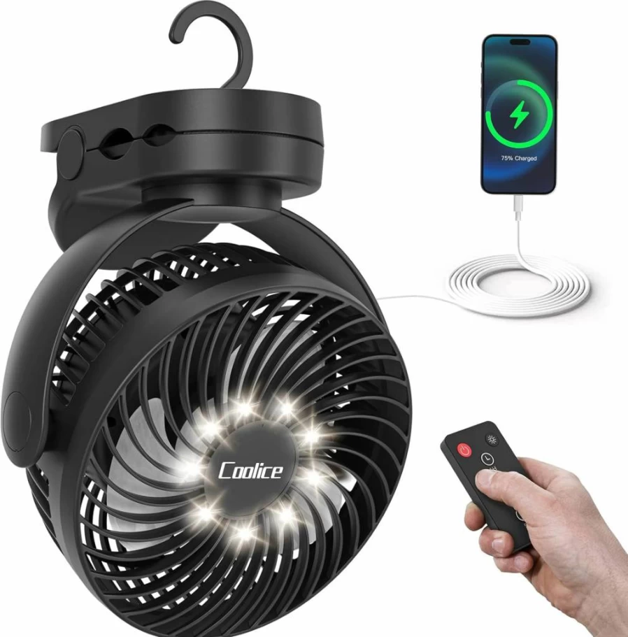 Coolice 12000mAh Rechargeable Camping Fan with Remote Control, LED Light & Hanging Hook - Portable Battery Powered Tent Fan for RV, Bed, Outdoor Green