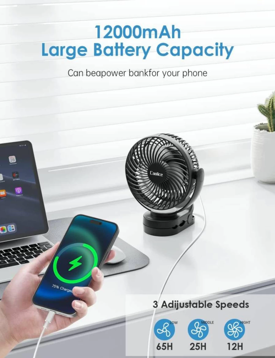 Coolice 12000mAh Rechargeable Camping Fan with Remote Control, LED Light & Hanging Hook - Portable Battery Powered Tent Fan for RV, Bed, Outdoor Green