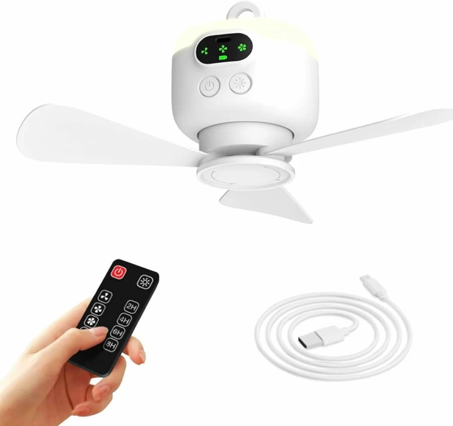 Xeamun Portable Camping Fan with Light - 8000mAh Rechargeable Battery, Ceiling Hook, Timer, Auto Shut Off, Detachable Blades for Tent, RV, Bedroom, Beach, Dormitory