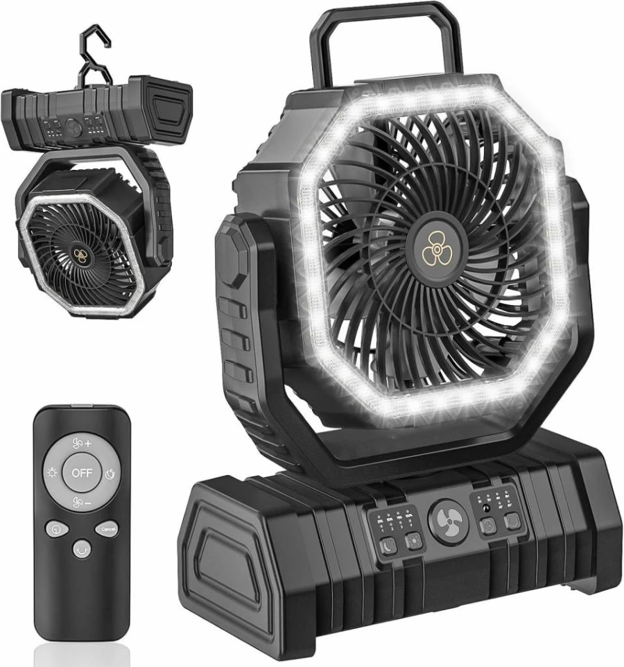 Green Box Innovations 20000mAh Rechargeable Camping Fan with LED Lantern, Remote Control, Auto-Oscillating, Portable Battery Operated Desk Fan for Outdoor, RV, Fishing, Jobsite, and Emergency Use (Black)