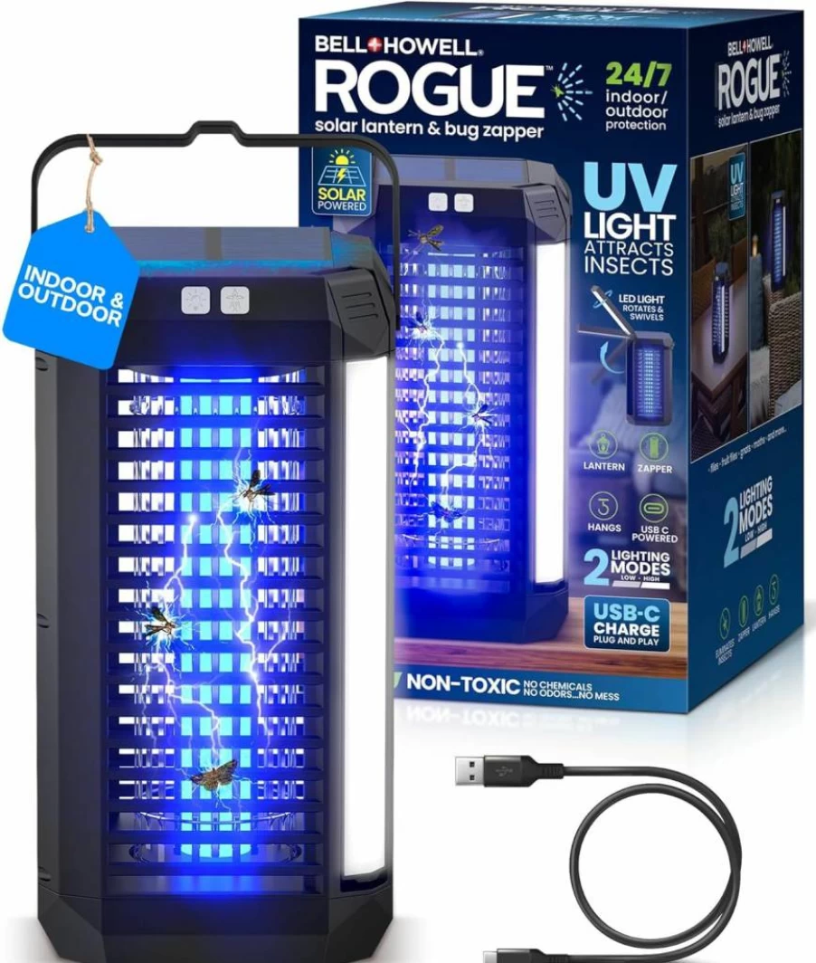 Bell+Howell 2-in-1 Solar Bug Zapper & Camping Lantern - Outdoor/Indoor Mosquito, Fly Trap with High Voltage, USB-C Rechargeable, LED Flashlight, Pet & Kid Safe for Home, Garden, and Camping