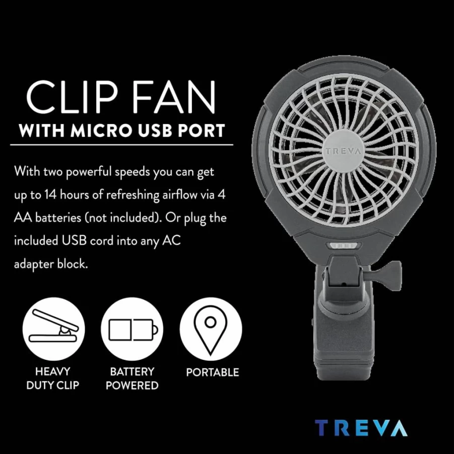 Treva 5-Inch Portable Clip On Fan with 2-Speed Settings - USB & Battery Powered for Travel, Office, and Home Use - Compact & Lightweight Gray Cooling Fan