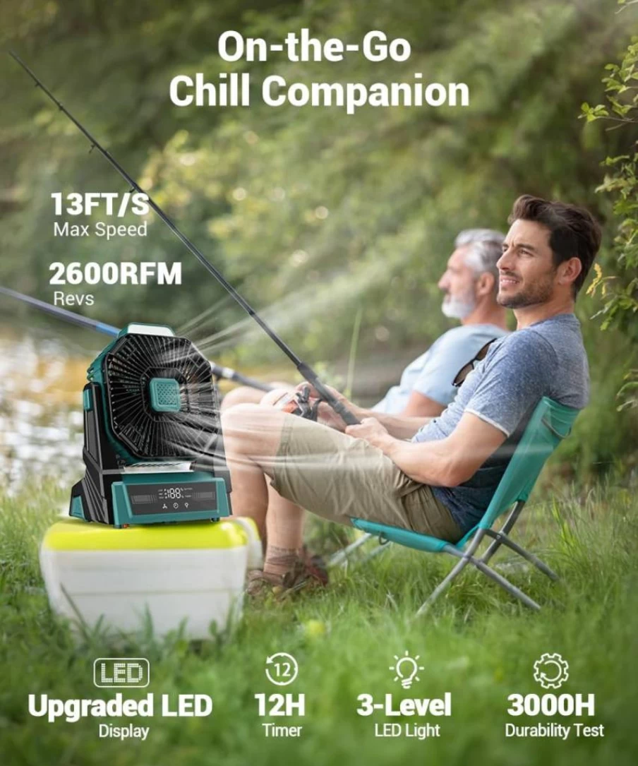 KopBeau 20000mAh Portable Camping Fan with LED Light, USB Rechargeable Battery Operated Fan, 3 Speed Outdoor Tent Fan for Beach, Hiking, Travel, and Home Use