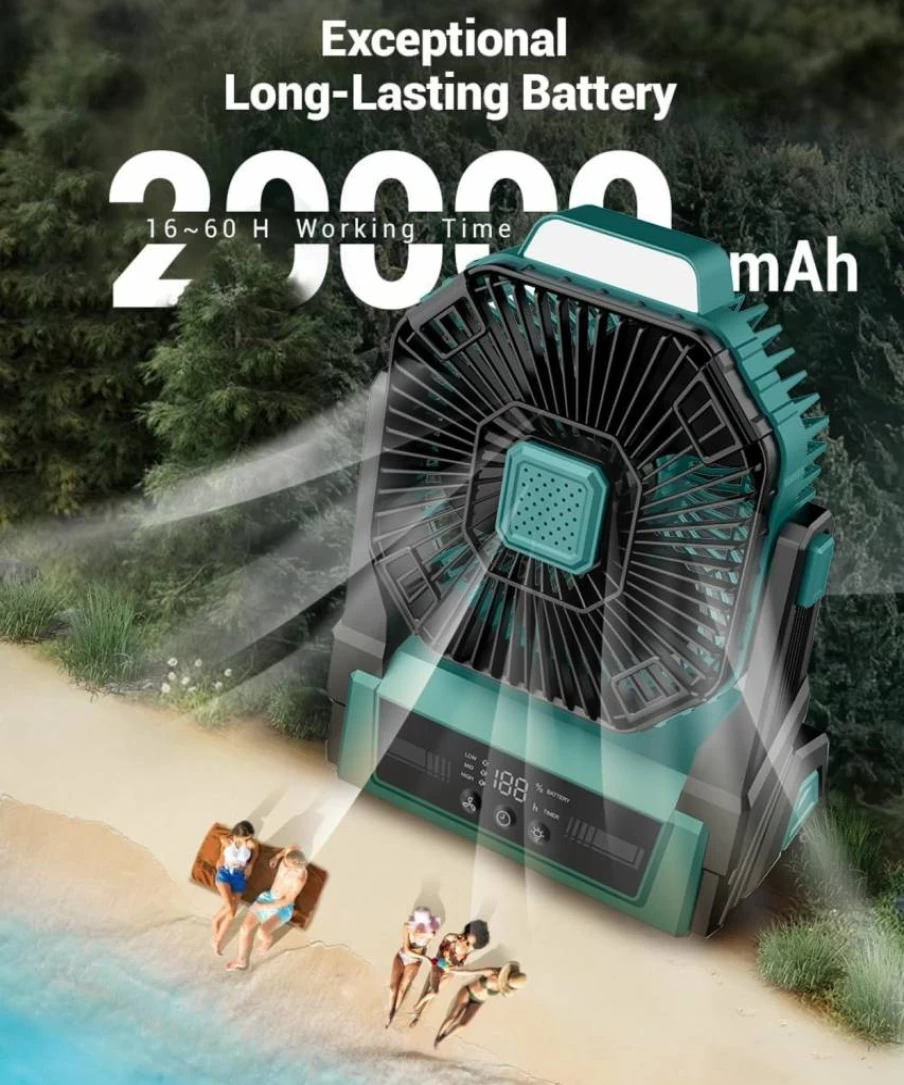 KopBeau 20000mAh Portable Camping Fan with LED Light, USB Rechargeable Battery Operated Fan, 3 Speed Outdoor Tent Fan for Beach, Hiking, Travel, and Home Use