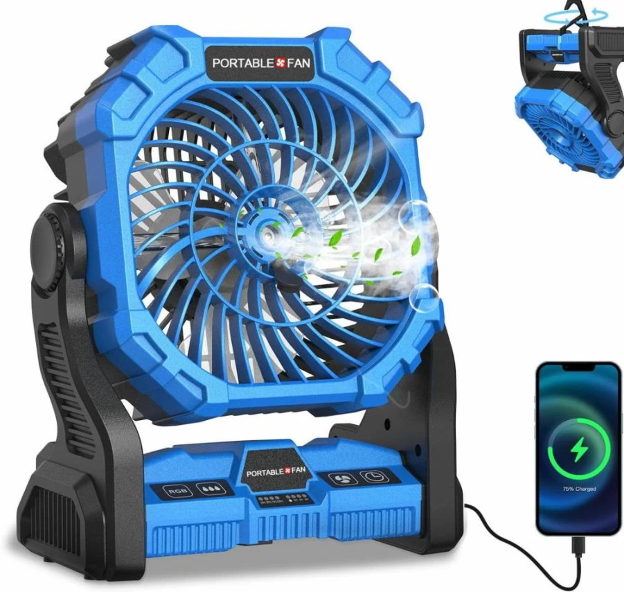 V JULES Portable Misting Fan with 20000mAh Battery, 8-18 Hours Cooling, 250mL Water Tank, RGB LED Lights, USB Charging & Hanging Hook for Camping, Outdoor, Indoor (Blue)