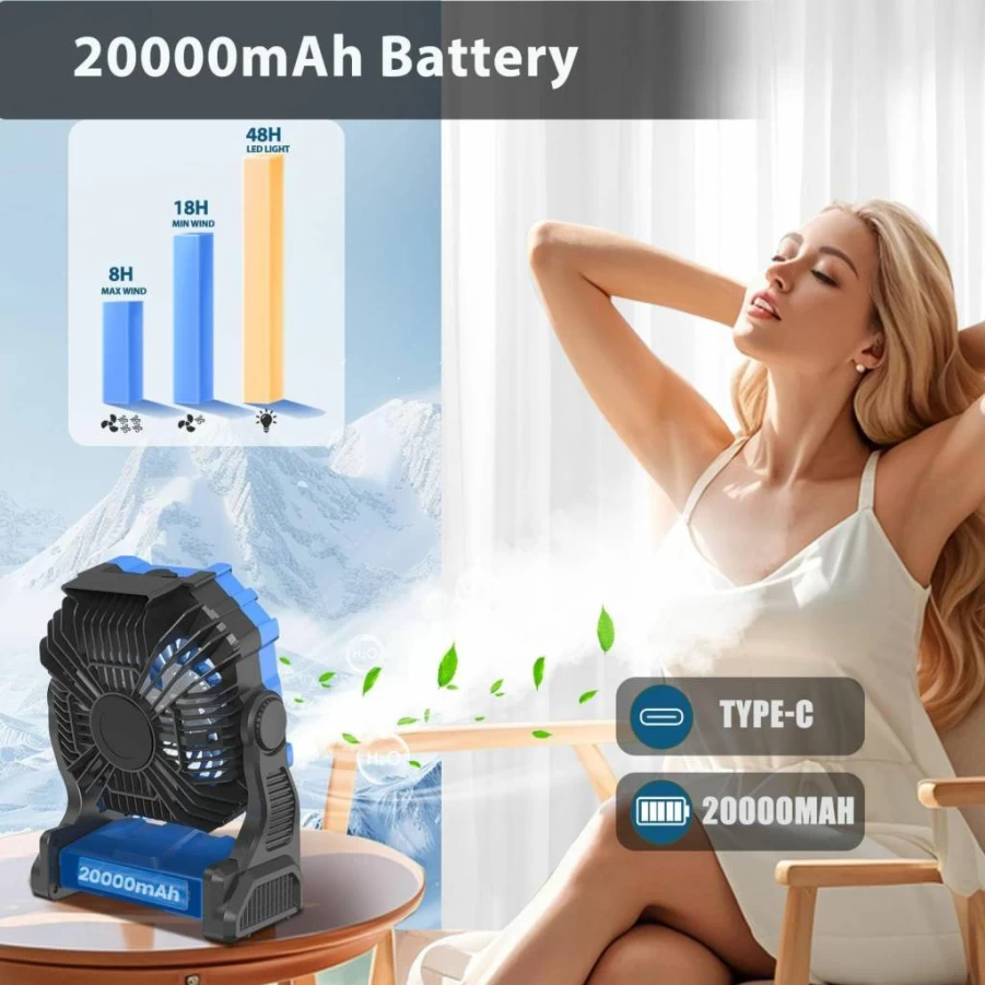 V JULES Portable Misting Fan with 20000mAh Battery, 8-18 Hours Cooling, 250mL Water Tank, RGB LED Lights, USB Charging & Hanging Hook for Camping, Outdoor, Indoor (Blue)