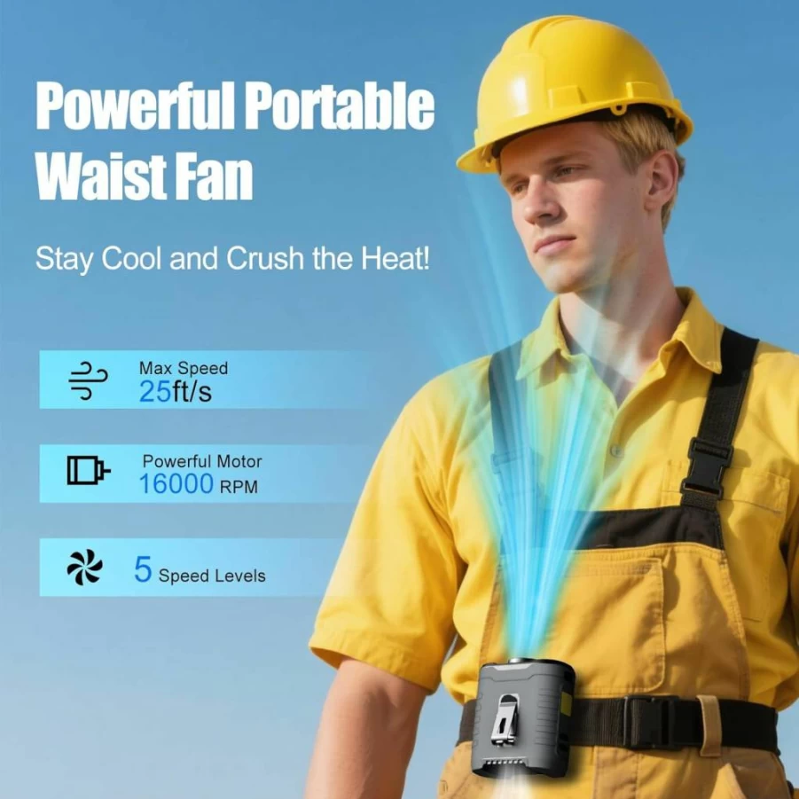 GVY 10000mAh Portable Waist & Neck Fan - 5-Speed 16000 RPM Turbo Airflow, 40H Runtime, Rechargeable Wearable Fan for Outdoor, Camping, Travel - Black