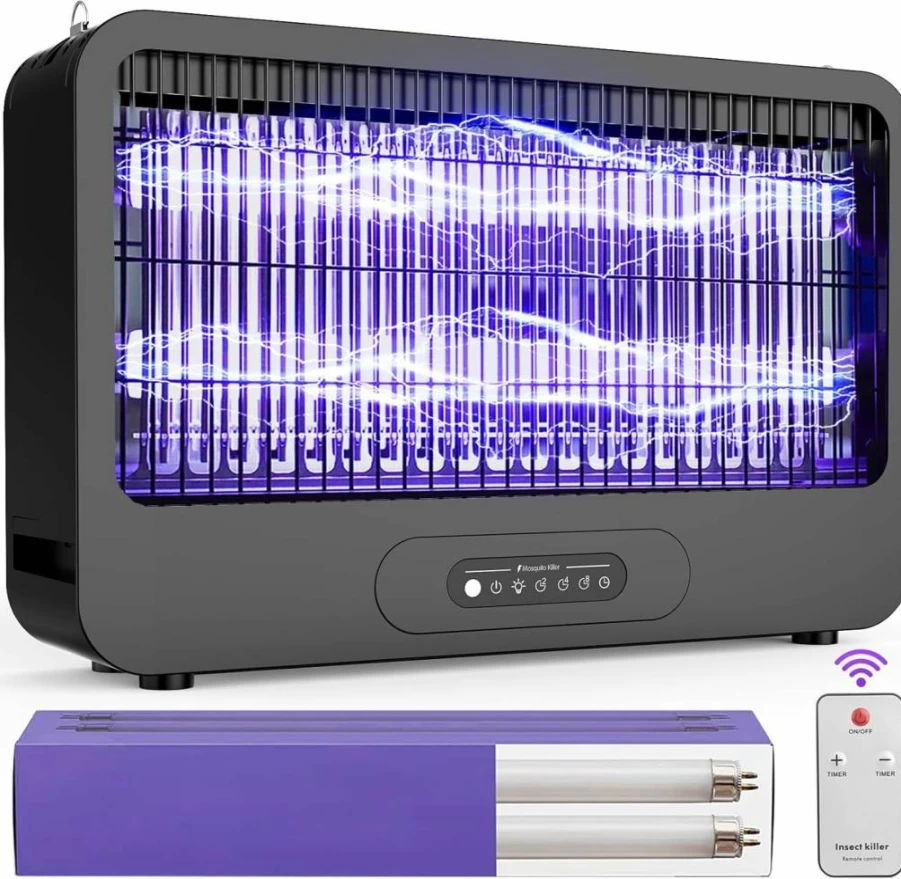 VEPPRO Electric Bug Zapper Indoor Outdoor - 3500V Mosquito Killer with Remote, Dual Grid Fly Trap for Home, Patio, Yard, Camping - Includes 2 Extra Bulbs (Black)