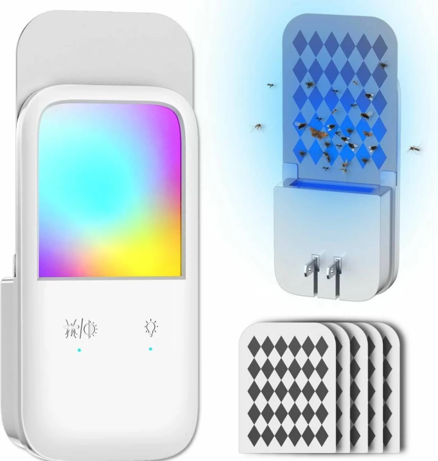 Praxse Plug-In Fly Trap with RGB Nightlight - Indoor Insect Catcher for Mosquitoes, Gnats, Fruit Flies - Sticky Glue Pad Included for Home, Kitchen, Office (White, 1 Device + 5 Replacement Pads)