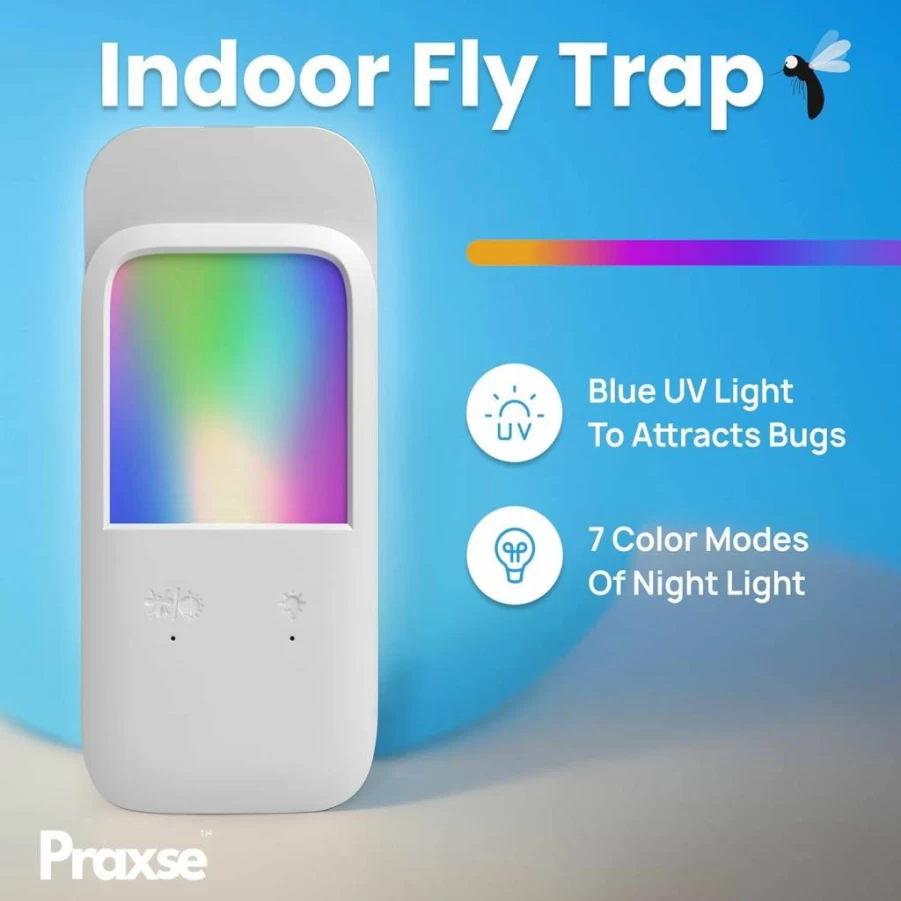 Praxse Plug-In Fly Trap with RGB Nightlight - Indoor Insect Catcher for Mosquitoes, Gnats, Fruit Flies - Sticky Glue Pad Included for Home, Kitchen, Office (White, 1 Device + 5 Replacement Pads)