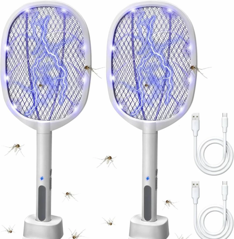 Lulu Home 2-Pack Electric Mosquito Zapper Racket - 3000V High Voltage, USB Rechargeable, LED Light, 3-Layer Safety Mesh, Portable Fly Swatter for Indoor & Outdoor Use