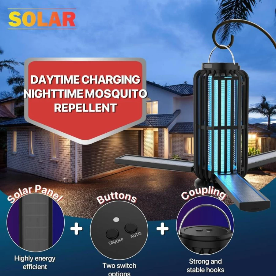 Houyond Solar Bug Zapper Outdoor & Indoor - 3600Mah Mosquito Killer with 3 Solar Panels, IP65 Waterproof for Home, Backyard, and Garden
