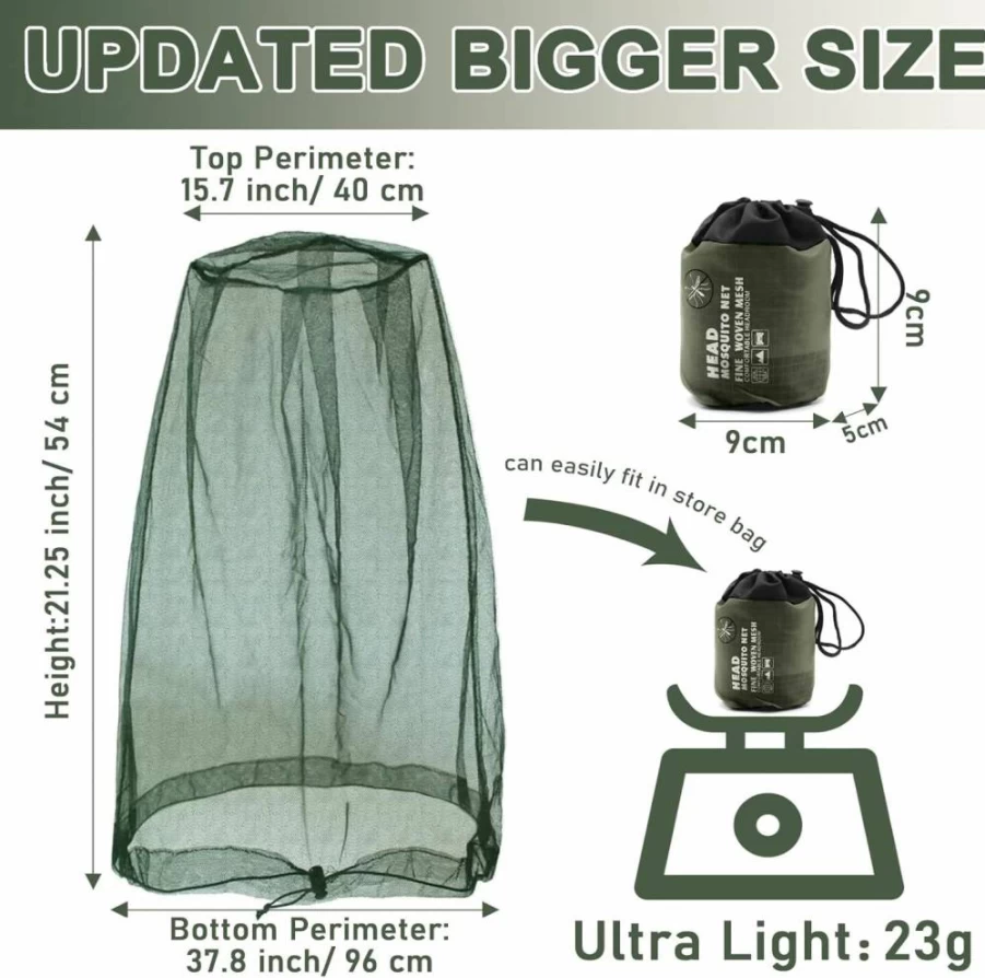 Benvo Mosquito Head Net (2-Pack, Black) - Adjustable Bug Mesh Hood for Outdoor Activities, Fits Most Hats & Caps, Includes Carry Bag - Protection Against Gnats, No-See-Ums & Insects