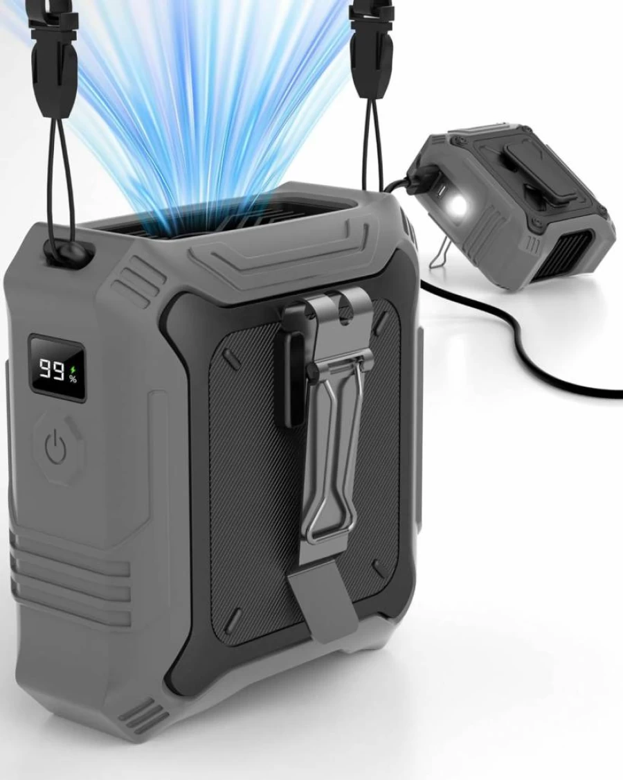 TUNISE Portable Wearable Fan with 5-Speed Settings, 8000mAh Power Bank, Dual-Sided Clip, Flashlight, Ideal for Outdoor Camping, Travel, and Hiking