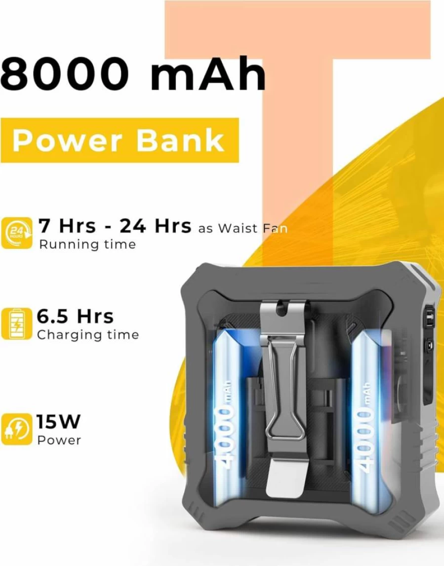 TUNISE Portable Wearable Fan with 5-Speed Settings, 8000mAh Power Bank, Dual-Sided Clip, Flashlight, Ideal for Outdoor Camping, Travel, and Hiking