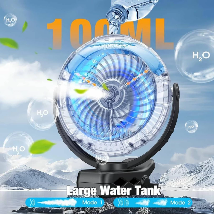 Ausic 5200mAh Rechargeable Clip-On Mist Fan - 100ml Portable Cooling Fan with 360° Rotation for Travel, Home, Beach, Golf Cart, and Camping