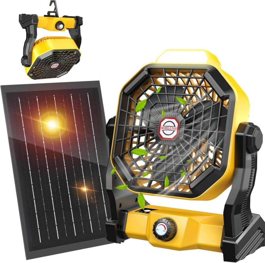 JINLICTE 20000mAh Portable Solar Fan with LED Lantern - 7W Rechargeable Camping Fan for Outdoor Activities, Picnics, Fishing & Travel, Quiet Battery-Operated Tent Fan with Solar Panel