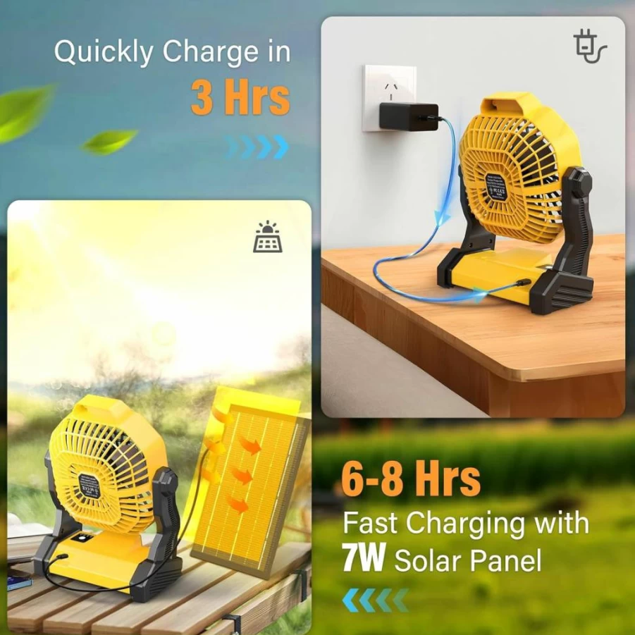 JINLICTE 20000mAh Portable Solar Fan with LED Lantern - 7W Rechargeable Camping Fan for Outdoor Activities, Picnics, Fishing & Travel, Quiet Battery-Operated Tent Fan with Solar Panel